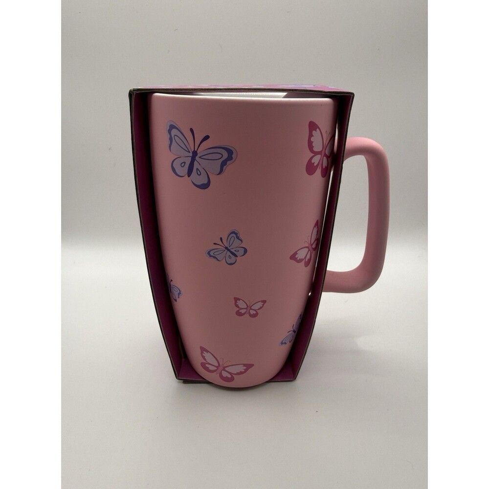 Delilah Jane Pink Butterfly TravelCoffee Mug Large Ceramic Floral Gift Cup w Box